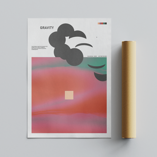 Abstract poster with pink and green hues, bold typography reading ‘Gravity’ on a clean white background. Placed next to brown cardboard tube roll packaging.