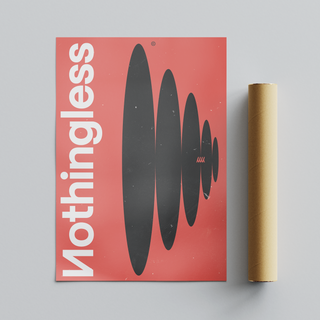 Framed poster featuring the word 'Nothingless' with black abstract shapes on a red background, displayed next to cardboard tube roll packaging.