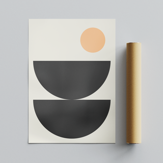 Boho scandi style abstract art print with black semi circle shapes and a peach circle on a beige background. Displayed next to a brown cardboard tube packaging.