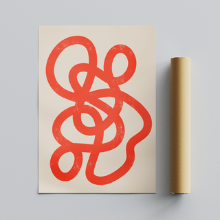 Abstract minimalist print featuring bold red lines on a beige background, displayed next to cardboard tube roll packaging.