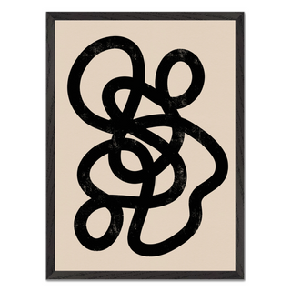 Minimalist artwork featuring a black interwoven design on a beige background, displayed in a premium black wooden frame.
