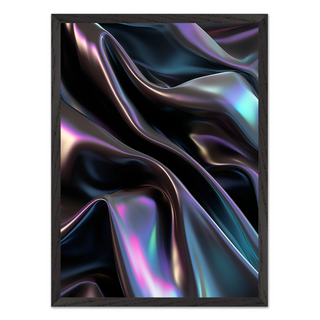 Framed abstract artwork featuring a wavy, iridescent design on a white background, displayed in a premium black wooden frame.