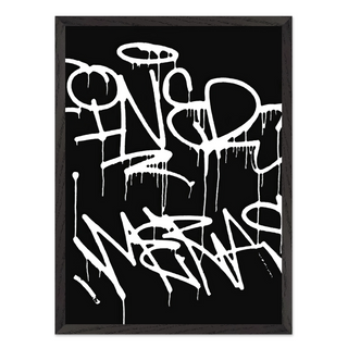 Black and white abstract art print featuring graffiti-style text on a black background, displayed in a premium black wooden frame.