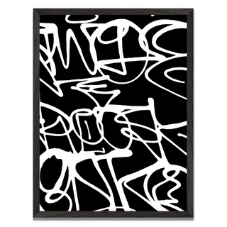 Graffiti Abstract art print with black and white lines displayed in black frame on a white background