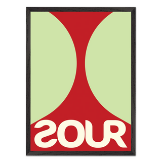 Bold red and green typography poster featuring the word 'SOUR', displayed in a premium black wooden frame.