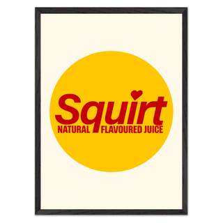 Framed poster with 'Squirt' logo on a yellow circle with red text.