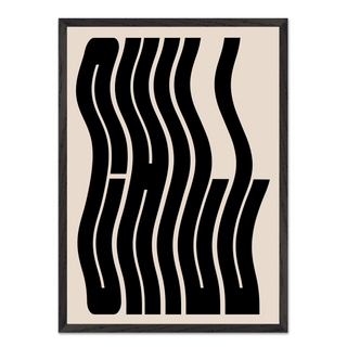 Framed typography art print saying "Chill' with black wavy lines on a beige background. Displayed in a black wooden frame.