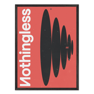 Framed poster featuring the word 'Nothingless' with black abstract shapes on a red background, displayed in a premium black wooden frame.