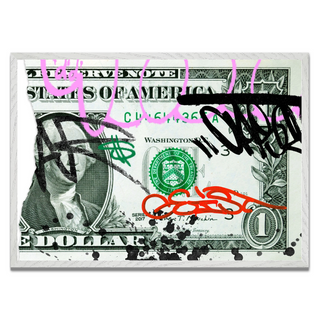 One-dollar bill graffiti poster with vibrant markings, displayed in a white frame.