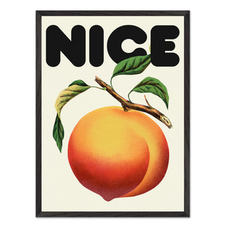 Framed artwork featuring a vintage-style peach and leaves with the word 'NICE' in bold text on a beige background, displayed in a premium black wooden frame.
