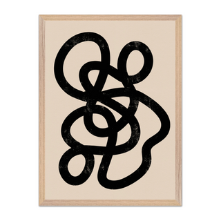 Minimalist artwork featuring a black interwoven design on a beige background, displayed in a premium oak wooden frame.