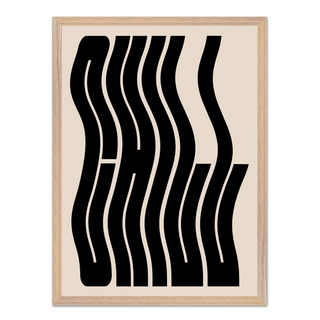 Framed typography art print saying "Chill' with black wavy lines on a beige background. Displayed in a oak wooden frame.