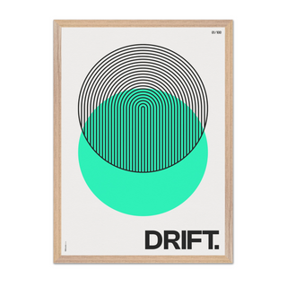 Bold Green circle abstract illustration with black typography poster with the word "drift" written at the bottom. Displayed in a premium oak wooden frame.