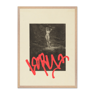 Vintage sepia photograph of nude lady with red graffiti mark overlaid placed on beige background poster. Displayed in a premium oak wooden frame.