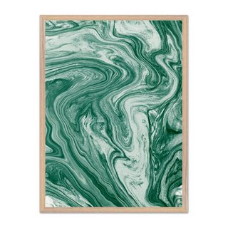 Modern minimalist artwork featuring a green and white marbled pattern, displayed in a premium oak wooden frame.