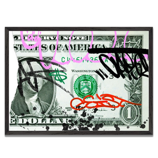 One-dollar bill graffiti poster with vibrant markings, displayed in a black
frame.