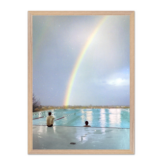 Urban film photography poster featuring a collage of a swimming pool with a rainbow, displayed in a premium oak wooden frame.
