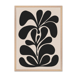 Bold abstract black floral botanical pattern illustration on beige background displayed in a premium oak wooden frame.
