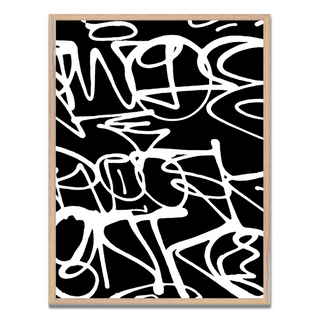 Graffiti Abstract art print with black and white lines displayed in wood frame on a white background
