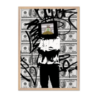 Urban banksy inspired graffiti wall art featuring dollar bills as the background a figure of a man with a tv on his head with cash inside. Thought provoking street urban poster. Displayed in a premium oak wooden frame.