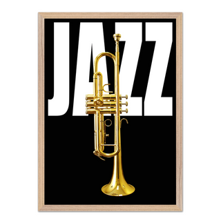Black background Jazz music typography poster with gold trumpet and 'Jazz' text. Framed in a oak wooden frame.