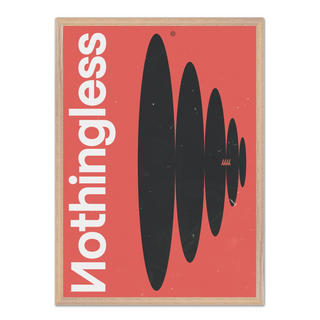 Framed poster featuring the word 'Nothingless' with black abstract shapes on a red background, displayed in a premium oak wooden frame.