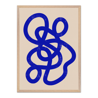 Abstract artwork featuring a bold blue design on a beige background, displayed in a premium oak wooden frame, perfect for modern and minimalist wall decor.