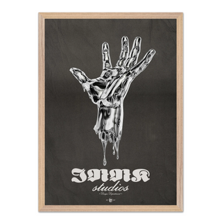 Black and white illustration of a melting silver hand on a black background with 'Innk Studios' branding in white text. Displayed in a oak wooden frame.