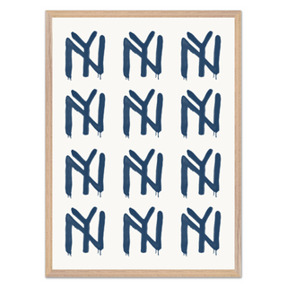 This image displays an abstract wall art piece featuring a geometric pattern in blue ink. The print showcases a modern style, making it an ideal addition to any living room or creative space. The bold design consists of repetitive geometric elements, which give the artwork a unique and contemporary appearance. The ink creates a vibrant blue color that stands out, perfect for modern decor enthusiasts seeking to enhance their interiors with striking and sophisticated pieces. featuring premium