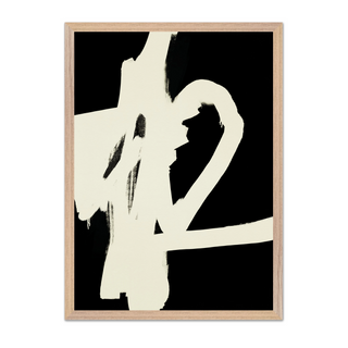 Painted black and white abstract brush mark art print. White brush marks on black background. Displayed in a oak wooden premium frame.
