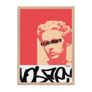 Graffiti red black and white poster featuring a sculpture face of a woman stylized. Graffiti style marks. Displayed in a oak wooden frame.