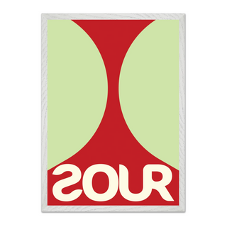 Bold red and green typography poster featuring the word 'SOUR', displayed in a premium white wooden frame.