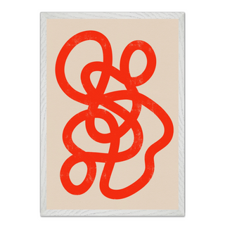 Abstract minimalist print featuring bold red lines on a beige background, displayed in a premium white wooden frame.