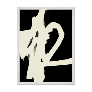 Painted black and white abstract brush mark art print. White brush marks on black background. Displayed in a white wooden premium frame.