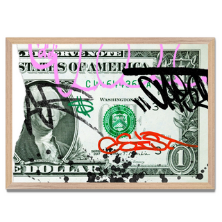 One-dollar bill graffiti poster with vibrant markings, displayed in a wood frame.