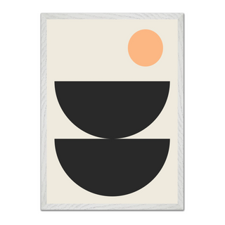 Boho scandi style abstract art print with black semi circle shapes and a peach circle on a beige background. Displayed in a premium wood white frame.
