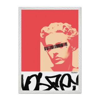 Graffiti red black and white poster featuring a sculpture face of a woman stylized. Graffiti style marks. Displayed in a premium white wooden frame.
