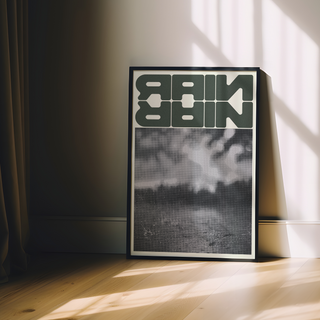 Framed modern urban artwork featuring green text saying 'rain' over a black and white pixelated abstract design, displayed in a premium black wooden frame.