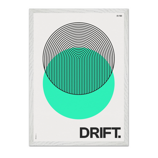 Bold Green circle abstract illustration with black typography poster with the word "drift" written at the bottom. Displayed in a premium wooden white frame.