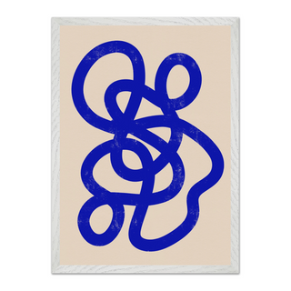 Abstract artwork featuring a bold blue design on a beige background, displayed in a premium white wooden frame, perfect for modern and minimalist wall decor.