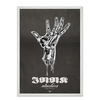 Black and white illustration of a melting silver hand on a black background with 'Innk Studios' branding in white text. Displayed in a white wooden frame.