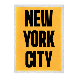 Urban New York poster with black text 'New York City' on a yellow background. Displayed in a premium wooden white frame.