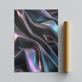 Framed abstract artwork featuring a wavy, iridescent design on a white background, placed next to cardboard tube roll packaging.