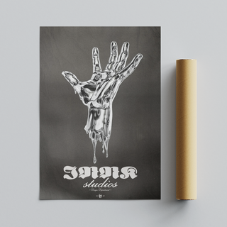 Black and white illustration of a melting silver hand on a black background with 'Innk Studios' branding in white text. Next to cardboard tube roll packaging.