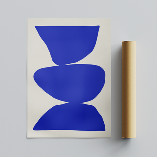 Cobalt blue abstract art with blue shapes on a beige background. Placed next to a town cardboard tube roll packaging.