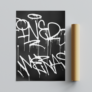 Black and white abstract art print featuring graffiti-style text on a black background, displayed next to a brown cardboard packaging tube roll.