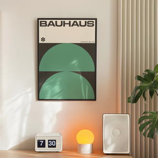Bauhaus poster showcasing bold graphic design with geometric shapes in black and green, crafted on quality paper. Designed in a modern minimalist style reflecting the iconic Bauhaus Ausstelllung Expo 1923, this wall art piece is ideal for home or office decor, providing a striking visual impact. Featuring clean lines and dynamic forms, it appeals to art and design history enthusiasts, offering a unique decorative option. Perfect for creating a sophisticated and artistic ambiance. featuring