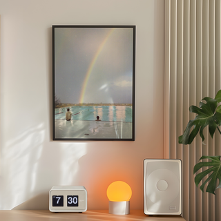 Urban film photography poster featuring a collage of a swimming pool with a rainbow, displayed in a premium black wooden frame.