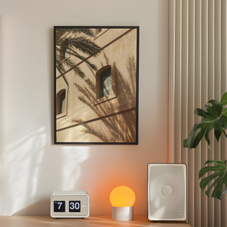 Framed photograph of a minimalist white building with palm tree shadows cast across the surface, displayed in a premium black wooden frame — perfect for modern coastal and urban interiors