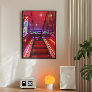 Vibrant urban wall art print of a neon-lit staircase with colorful lights and signage, designed for modern city interiors and displayed in a premium black wooden frame.